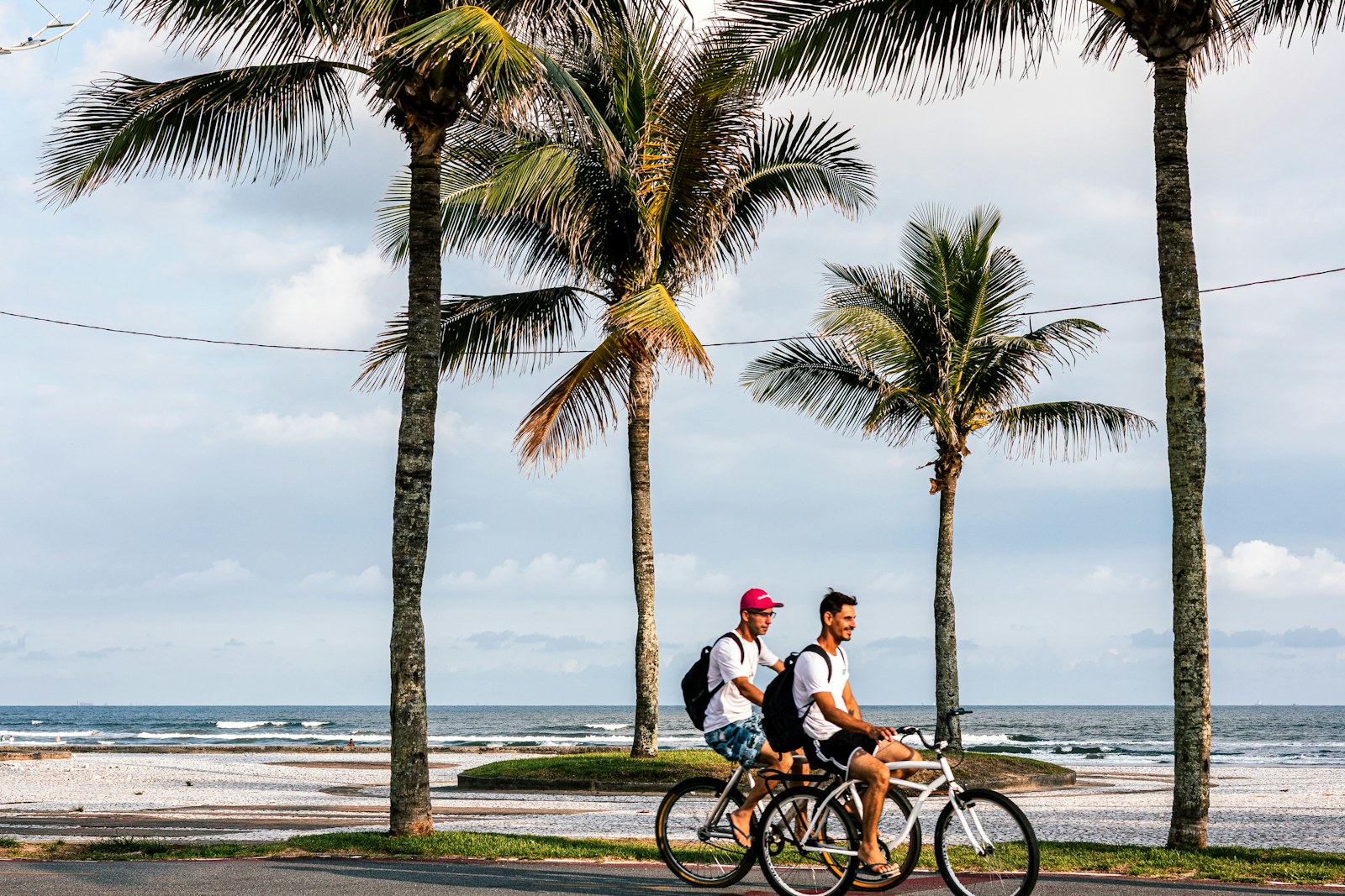 Two people cycling under palm trees along the ocean, the kind of weekly routine that helps you make friends on Kauai.