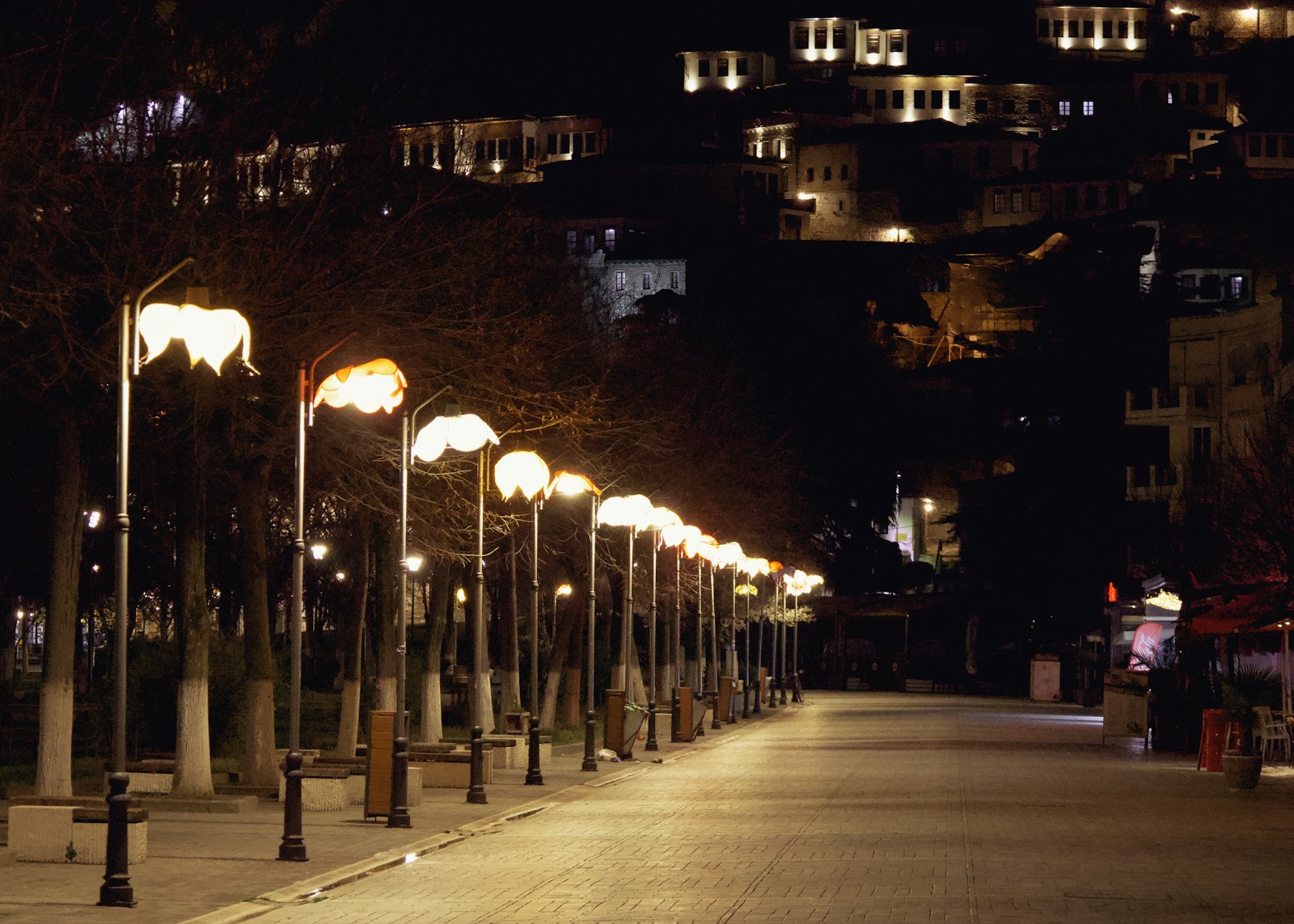 A long avenue lit by a receding line of streetlamps, empty of people, some hours after everything closed.