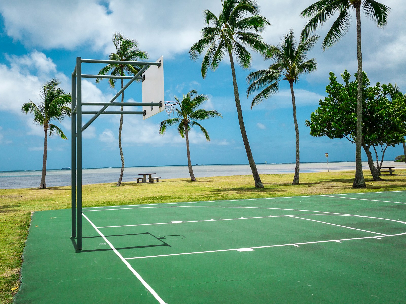Outdoor basketball court under palm trees by the ocean, where pickup sports on Oahu happen.