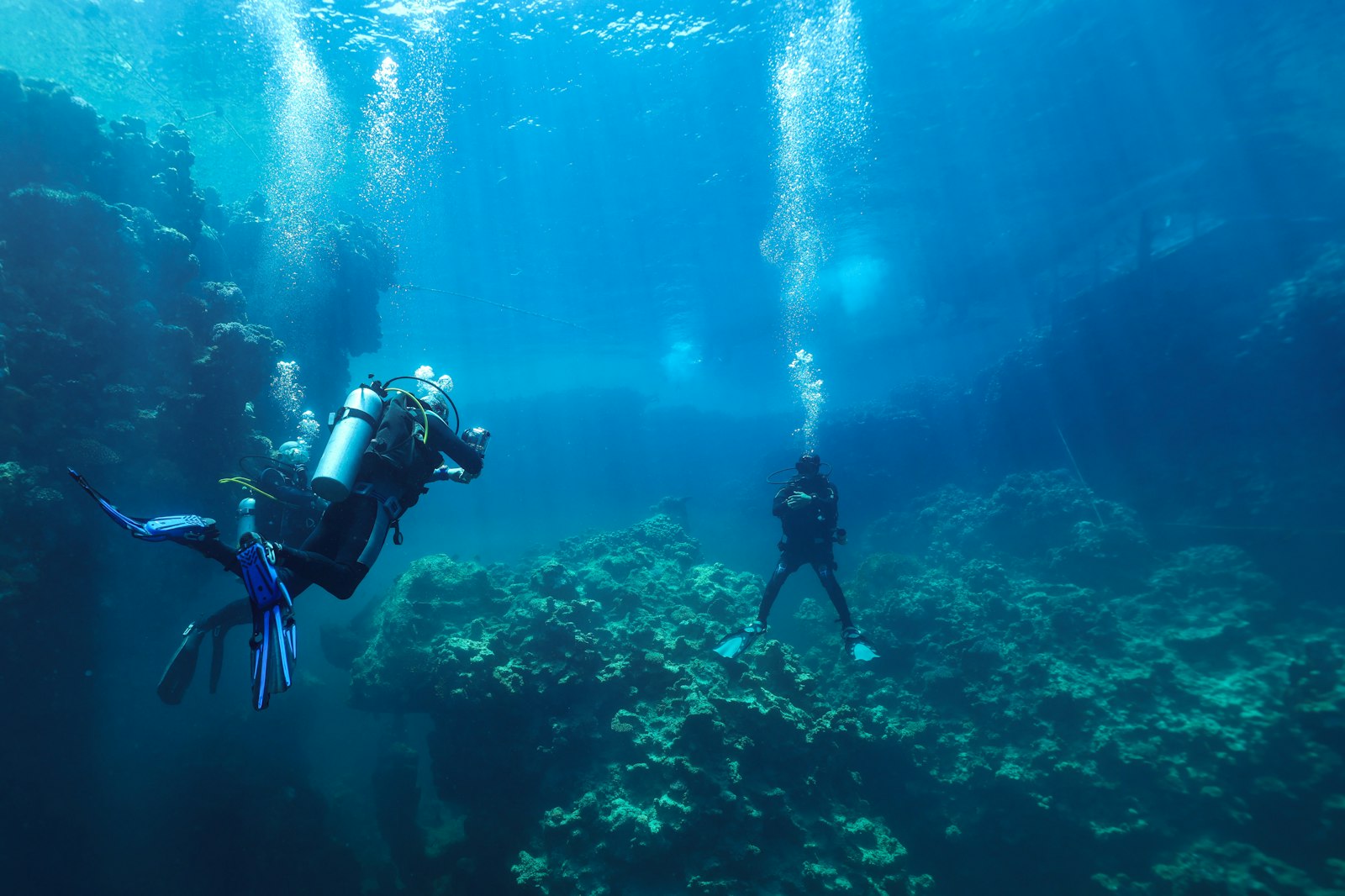 Two scuba divers swimming side by side above a reef in clear blue water.