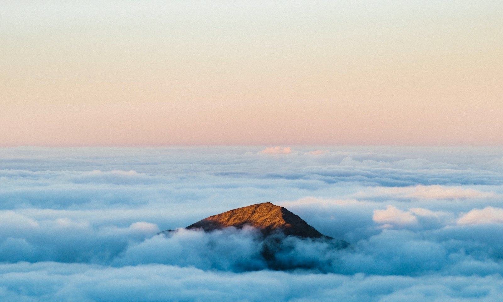 A bare summit ridge breaking through a flat layer of cloud in the pale light just after dawn.