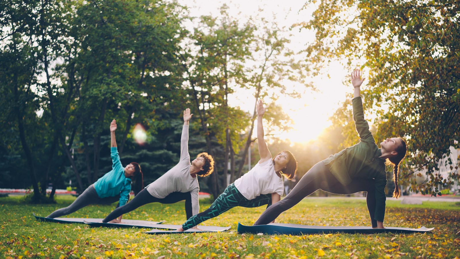 People practicing yoga on mats on a park lawn at golden hour, like outdoor yoga in Honolulu at Magic Island.