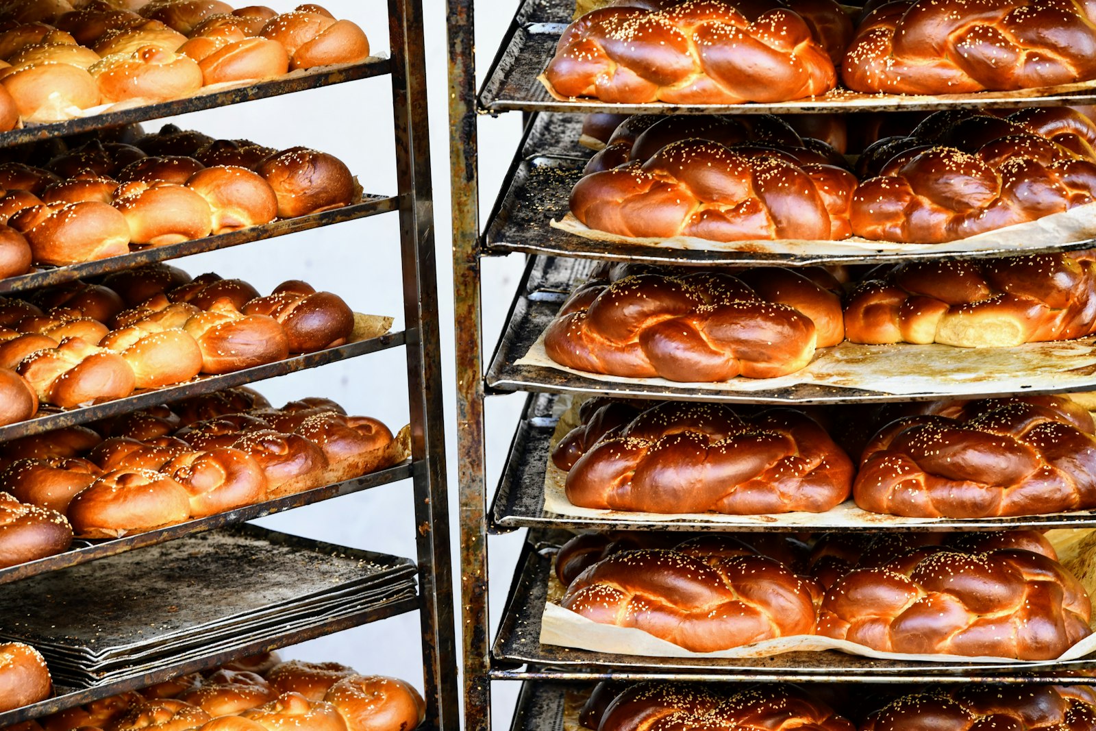 Trays of fresh bread cooling on bakery racks