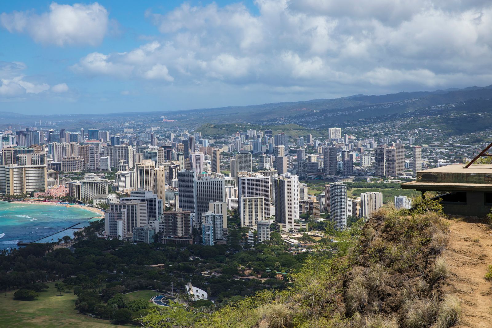 The Honolulu and Waikiki skyline with Diamond Head, seen from a hillside lookout on Oahu.