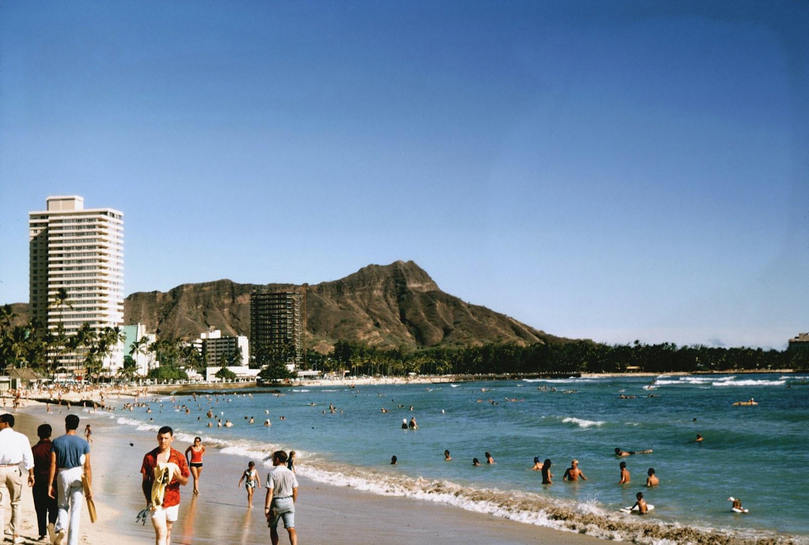 People on the Waikiki beachfront with Diamond Head behind