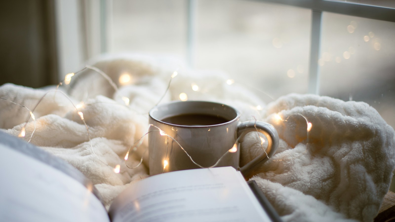 A mug and an open book nestled among blankets beside a window.