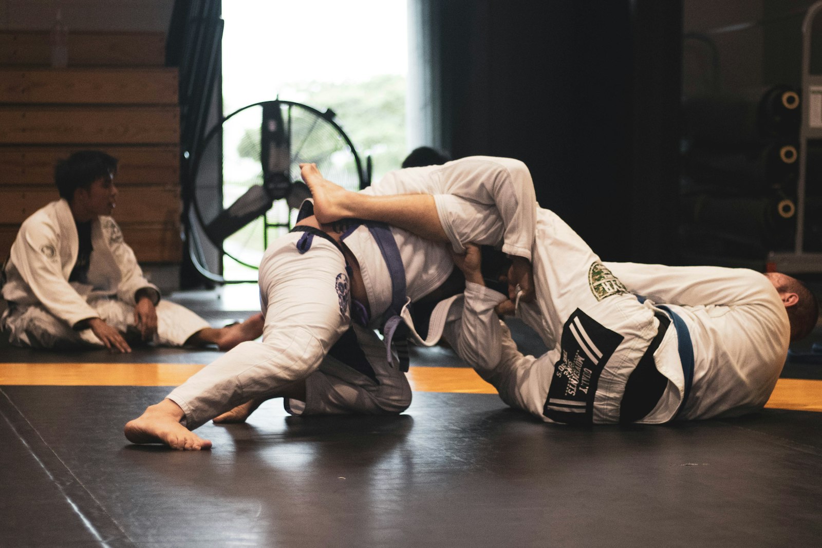 Two judoka on the mat mid-throw, one committing the other to the ground.